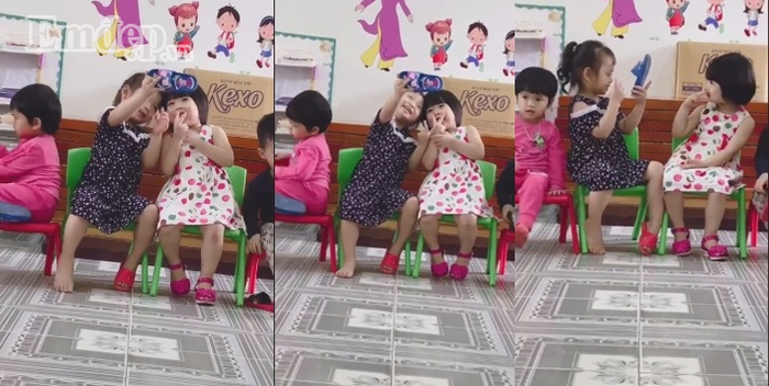 Cười ngất với clip 2 cô bé đáng yêu cầm dép selfie vì tưởng tượng thành smartphone