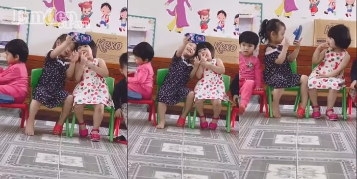 Cười ngất với clip 2 cô bé đáng yêu cầm dép selfie vì tưởng tượng thành smartphone 