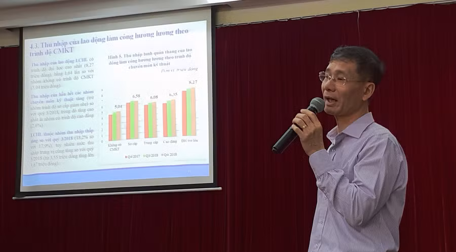 Ông Đào Quang Vinh, Viện trưởng Viện Khoa học Lao động và Xã hội chia sẻ thông tin thị trường lao động quý IV/2018. Ảnh T.G