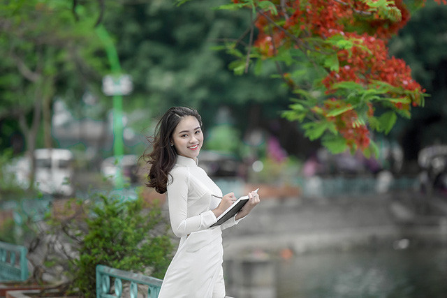 Nữ sinh tuổi 16 lãng mạn bên chùm hoa phượng đỏ ảnh 3 Ngọc Anh nói: Hoa phượng và áo dài trắng gắn liền với tuổi học trò, em muốn chụp bộ này để lưu lại những khoảnh khắc đẹp nhất ở tuổi 16.