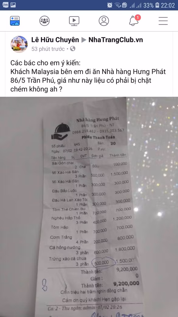 Đang xác minh thông tin đoàn khách bị nhà hàng Hưng Phát chặt chém - Ảnh 1.