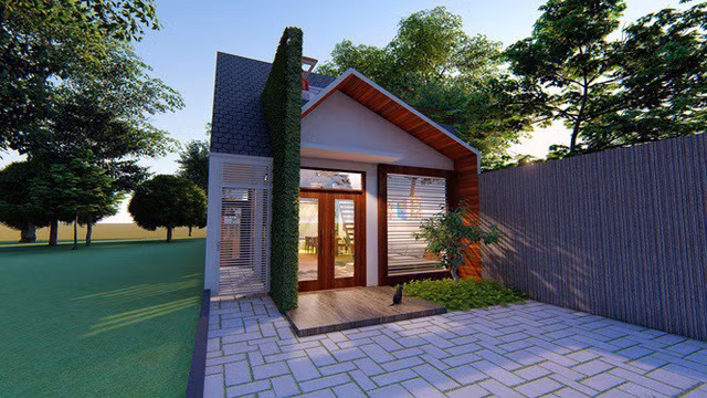 Mặt tiền ngôi nhà cấp 4 có mái dốc lạ.