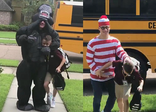 Anh trai hóa trang mỗi ngày để đón em đi học về ảnh 1 Noah hóa tranh thành nhiều nhân vật trong phim để đón Max đi học về. Ảnh: Inside Edition.