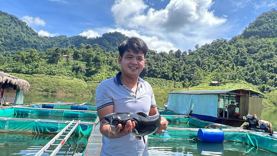 Anh Nguyễn Văn Sinh là một trong những hộ đầu tiên nuôi cá lồng trên hồ Cửa Đạt. (Ảnh: NT) Anh Nguyễn Văn Sinh là một trong những hộ đầu tiên nuôi cá lồng trên hồ Cửa Đạt. (Ảnh: NT)