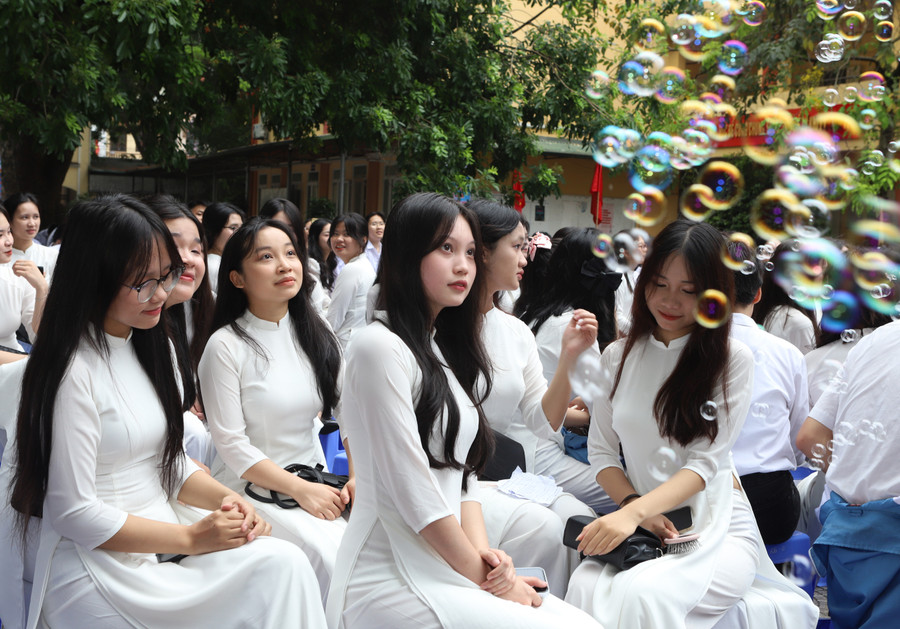 Vẻ đẹp tinh khôi của màu áo trắng hòa cùng sắc thắm của hoa phượng báo hiệu mùa thi đang đến.