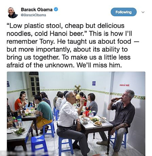 Bài đăng trên Twitter của ông Barack Obama. Ảnh:Twitter. Ông Obama nhắc tới bún chả Hà Nội khi tiếc thương đầu bếp Anthony Bourdain