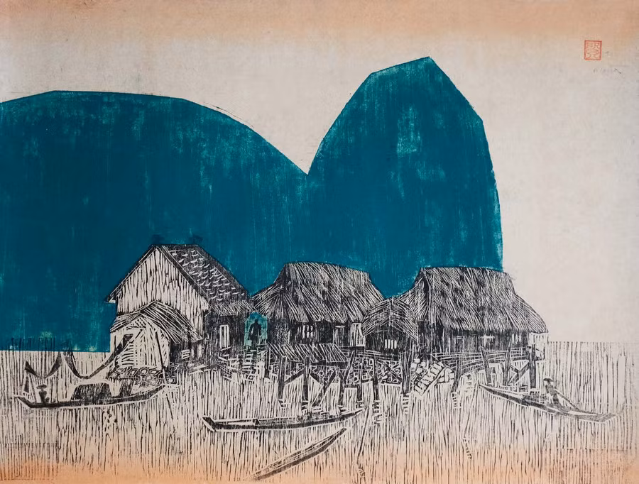 Tác phẩm "Nhà lá dưới chân núi" năm 1998 - 62x81.5cm Khắc gỗ.