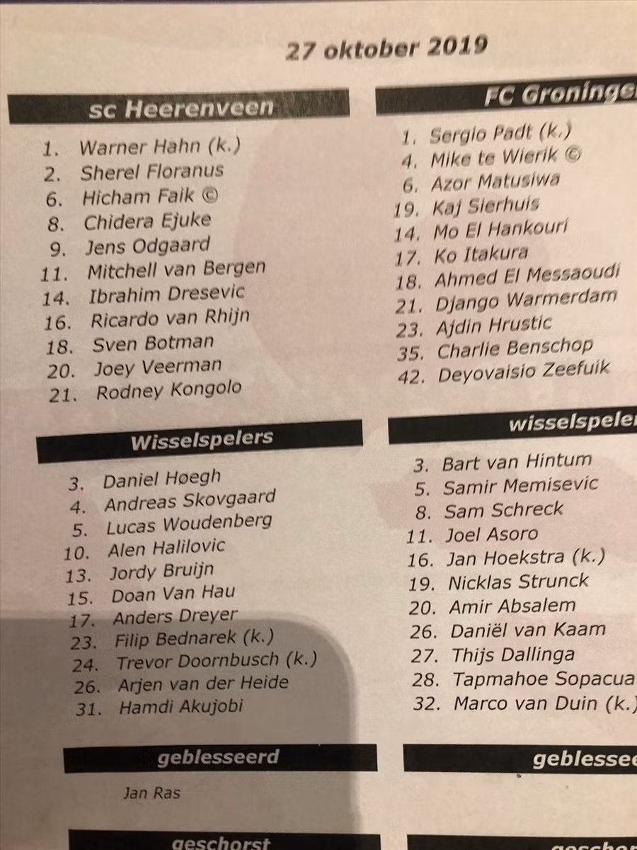 Văn Hậu có trong danh sách đăng ký nhưng không được ra sân trong trận đấu gần đây nhất của Heerenveen.