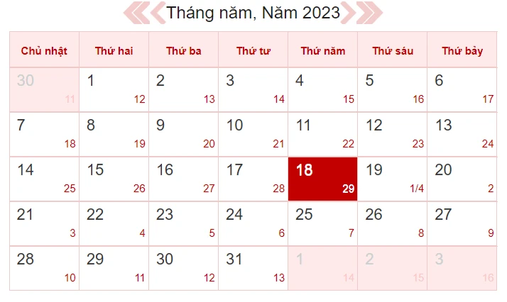 Xem lịch âm ngày 18/5/2023