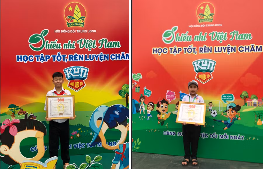 Em Quan Nhất Duy (ảnh trái) và em Nguyễn Quốc Bảo (ảnh phải) nhận bằng khen.