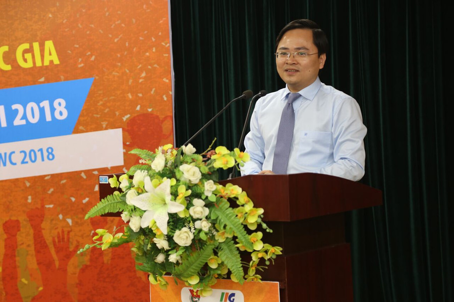 Đ/cNguyễn Anh Tuấn - Bí thư thường trực TƯ Đoàn TNCS HCM - Trưởng ban chỉ đạo quốc gia cuộc thi MOSWC 2018 phát biểu tại lễ trao giải