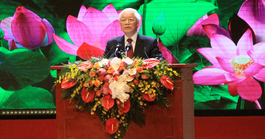 Tổng Bí thư, Chủ tịch nước Nguyễn Phú Trọng đọc diễn văn tại Lễ kỷ niệm. Ảnh: Bình Thanh.