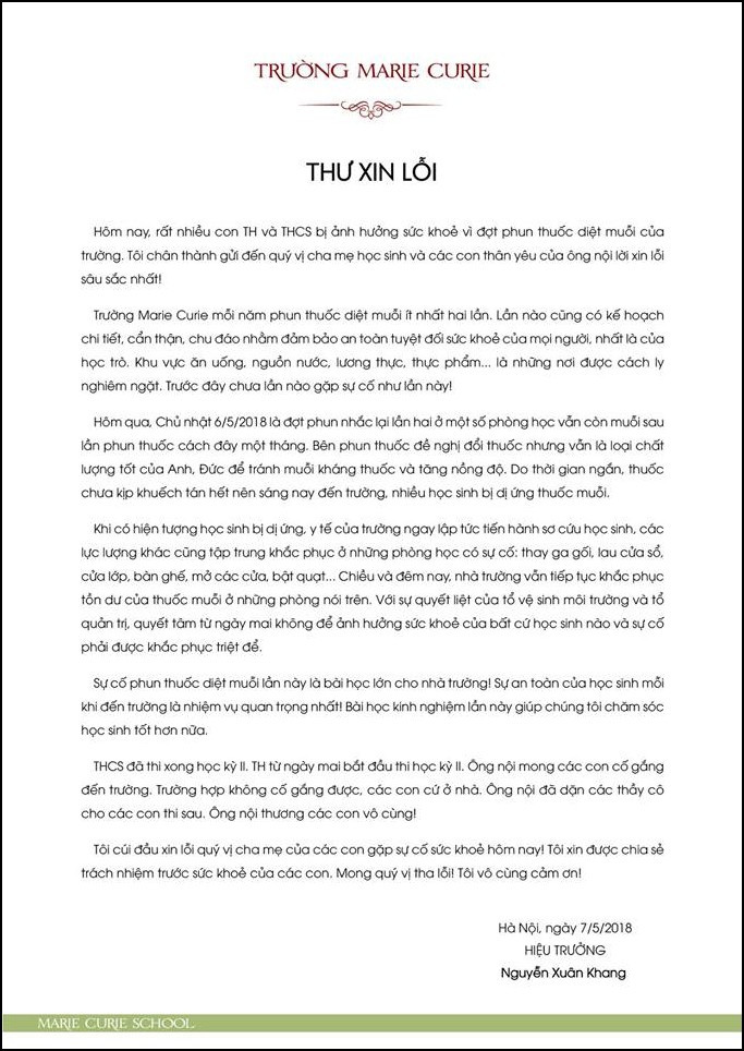 Học sinh bị dị ứng do thuốc diệt muỗi và lá thư xin lỗi xúc động từ thầy hiệu trưởng - người ông thân thương của hàng nghìn học sinh Marie Curie - Ảnh 2. Học sinh bị dị ứng do thuốc diệt muỗi và lá thư xin lỗi xúc động từ thầy hiệu trưởng - người ông thân thương của hàng nghìn học sinh Marie Curie - Ảnh 2.