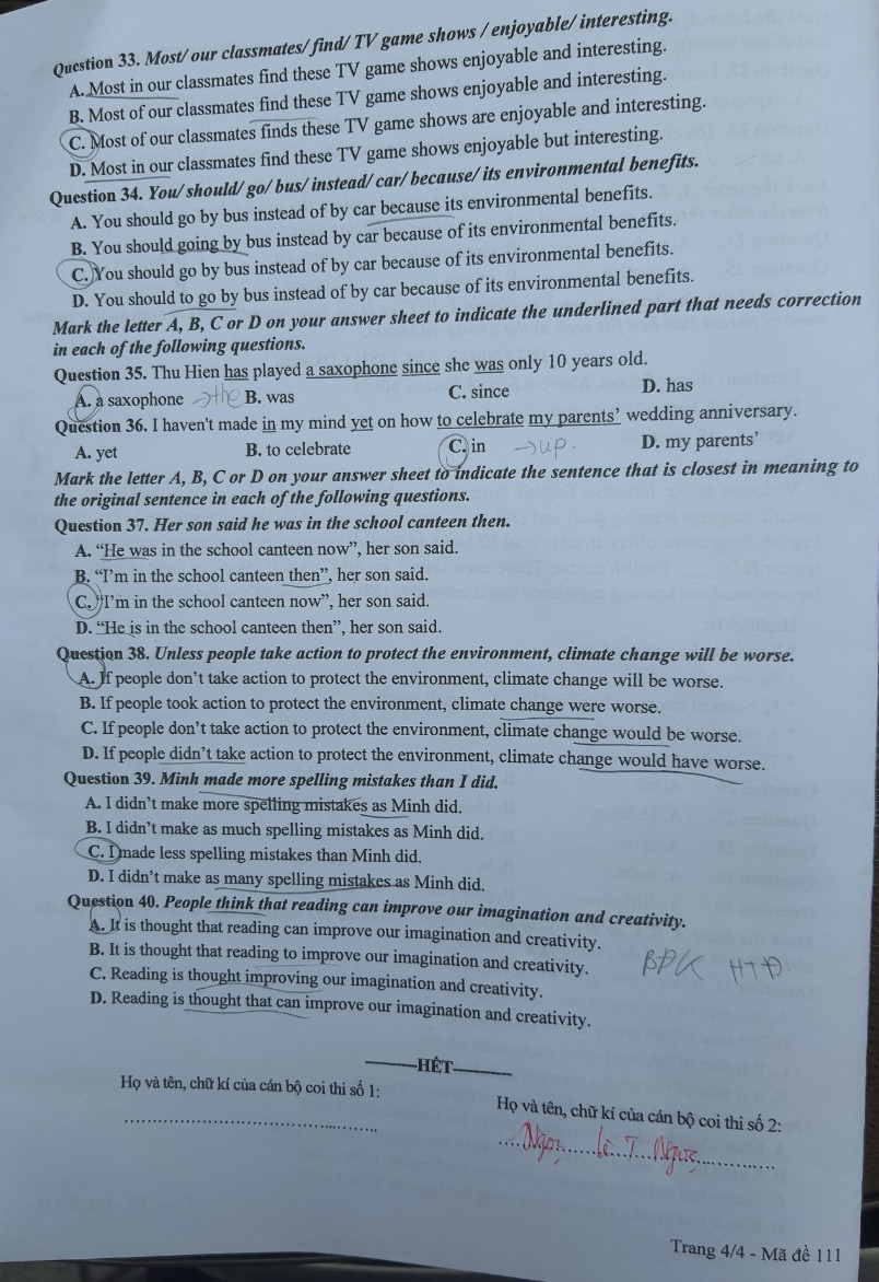 Đề thi môn Tiếng Anh, mã đề 111.