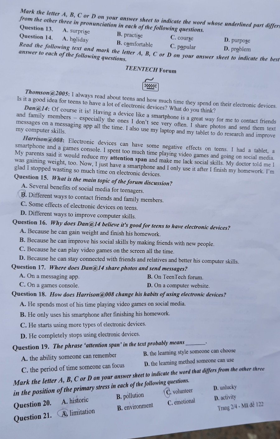 Đề thi môn Tiếng Anh, mã đề 122.