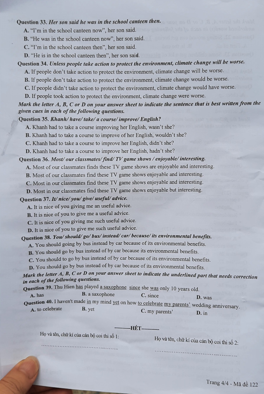 Đề thi môn Tiếng Anh, mã đề 122.
