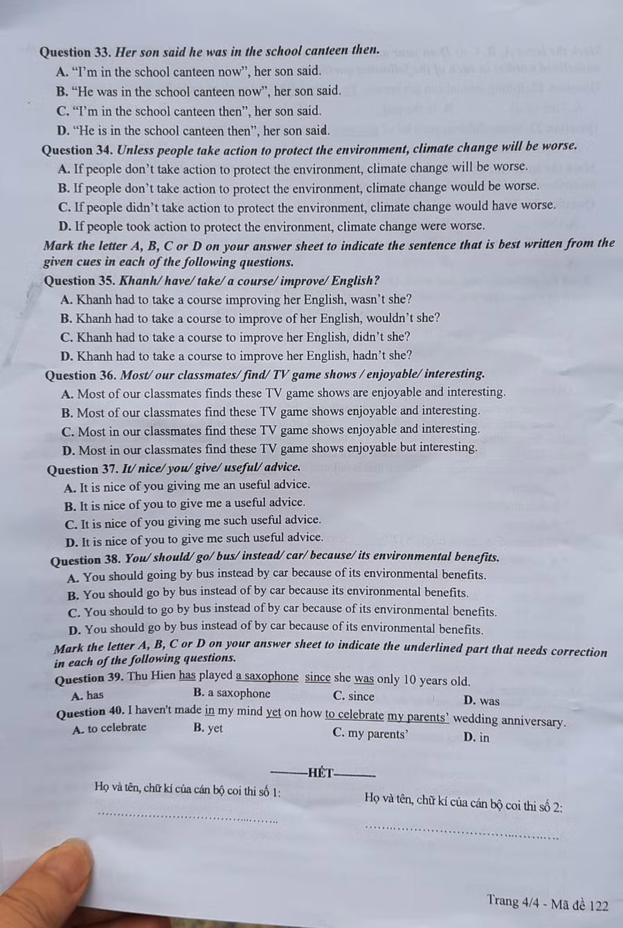 Đề thi môn Tiếng Anh, mã đề 122.