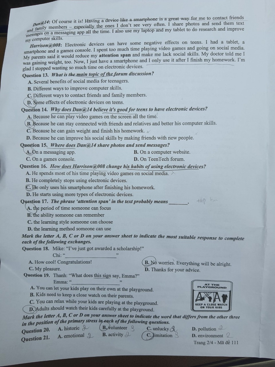 Đề thi môn Tiếng Anh, mã đề 111.