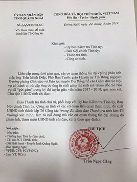 Văn bản chỉ đạo của Chủ tịch UBND tỉnh Quảng Ngãi thành lập Tổ Công tác xác minh sự việc tại kỳ thi giáo viên huyện Trà Bồng Ảnh Nguyên Khải