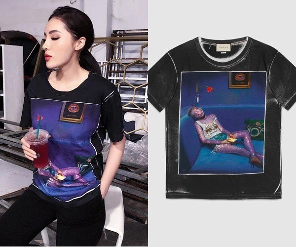 Những chiếc áo phông người dân bình thường không bao giờ dám mặc ảnh 4 Chiếc áo phông đen in hình độc đáo này của hoa hậu Kỳ Duyên thuộc thương hiệu Gucci trị giá $830 ~ 19 triệu đồng.
