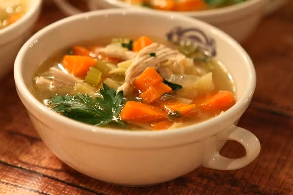 Món canh gà nấu cần tây, cà rốt là một trong những phương thuốc trị viêm họng hiệu nghiệm