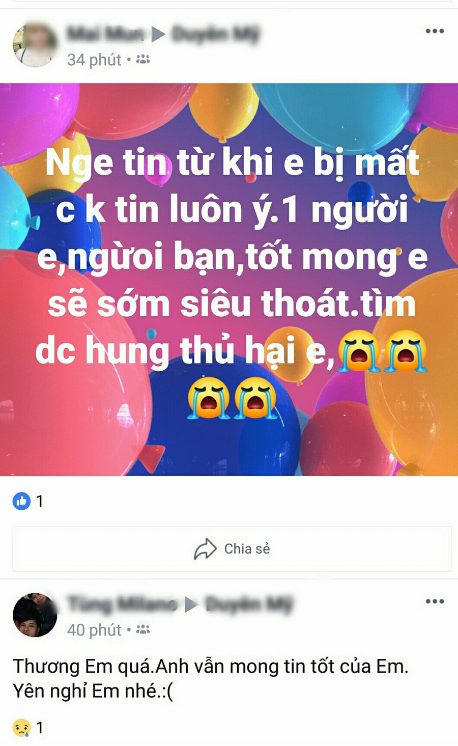 Dòng chia buồn của bạn bè Mỹ Duyên trên facebook. Dòng chia buồn của bạn bè Mỹ Duyên trên facebook.