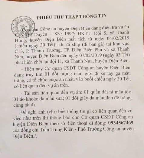 Thông báo từ Công an huyện Điện Biên phát đi phiếu thu thập thông tin để truy tìm kẻ thủ ác. Thông báo từ Công an huyện Điện Biên phát đi phiếu thu thập thông tin để truy tìm kẻ thủ ác.