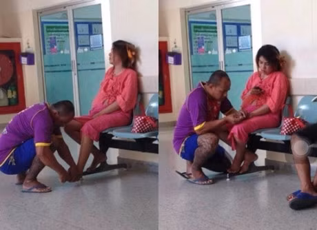 Soái ca xăm trổ chăm vợ ở bệnh viện. Hình ảnh này được một dân mạng chụp trộm. Bạn không ngớt lời khen anh chồng và mơ ước rằng sẽ tìm được một chàng trai yêu thương mình giống như anh.