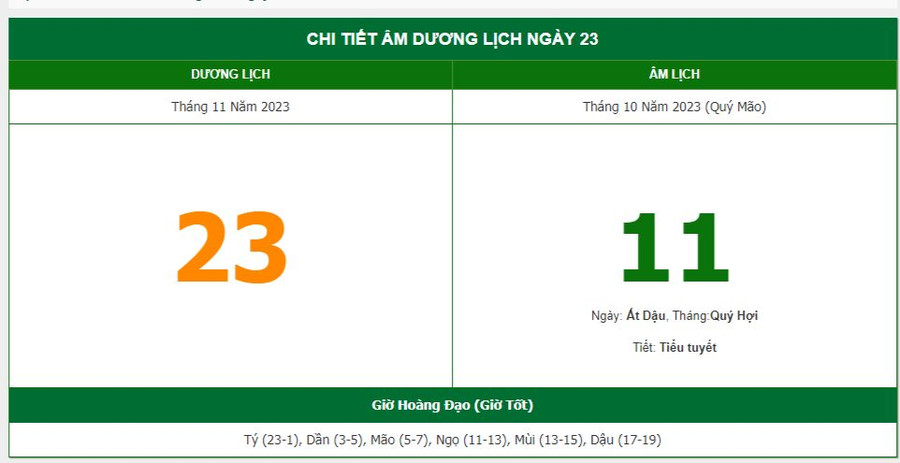 Lịch âm hôm nay - Xem lịch âm ngày 23/11/2023