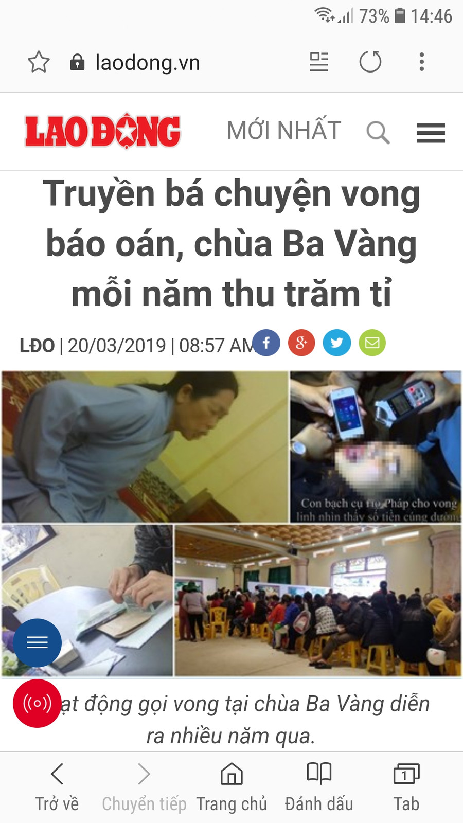 Bài phản ánh việc gọi vong tại chùa Ba Vàng được đăng tải trên Báo Lao Động, ảnh: cttđt