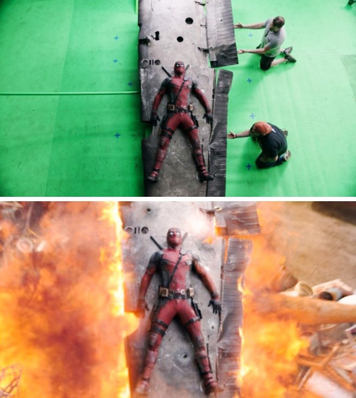 Một cảnh cháy nổ trong phim Deadpool trước và sau khi dùng kỹ xảo.