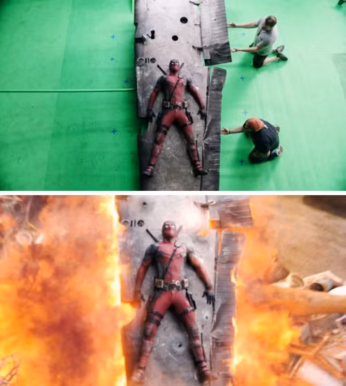 Một cảnh cháy nổ trong phim Deadpool trước và sau khi dùng kỹ xảo.