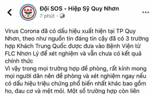 Bình Định: Bị xử phạt 10 triệu đồng vì tung tin thất thiệt về virus corona