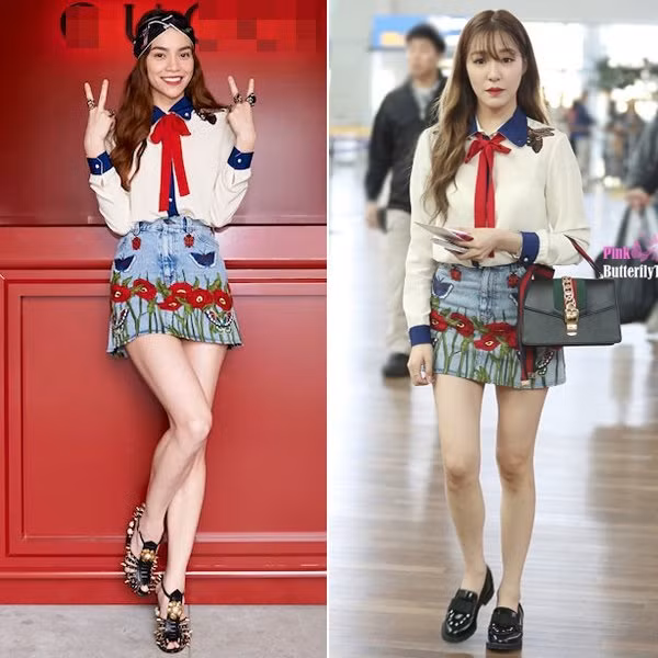 Hà Hồ liên tục bị fan bắt gặp "đụng hàng" với sao từ Á sang Âu. Đầu tiên là nguyên bộ trang phục từ thương hiệu Gucci có giá trị lên đến nghìn đô. Nhờ kết hợp với khăn turban, giày đinh cá tính mà tạo hình của "nữ hoàng giải trí" bắt mắt và thời thượng hơn hẳn thành viên của SNSD - Tiffany.