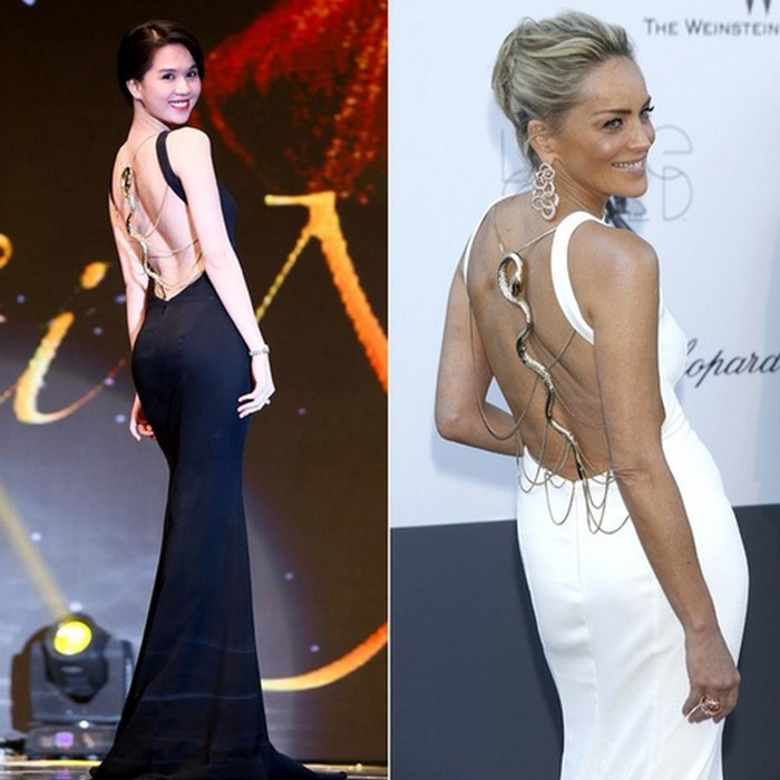 Ngọc Trinh đẹp "vượt trội" khi đụng hàng với diễn viên nổi tiếng Sharon Stone trong bộ đầm Roberto Cavalli. Làn da trắng mịn màng không tì vết của cô đã đánh bật tấm lưng nhăn nheo, loang lổ của người đẹp phương Tây. Ngọc Trinh đẹp "vượt trội" khi đụng hàng với diễn viên nổi tiếng Sharon Stone trong bộ đầm Roberto Cavalli. Làn da trắng mịn màng không tì vết của cô đã đánh bật tấm lưng nhăn nheo, loang lổ của người đẹp phương Tây.