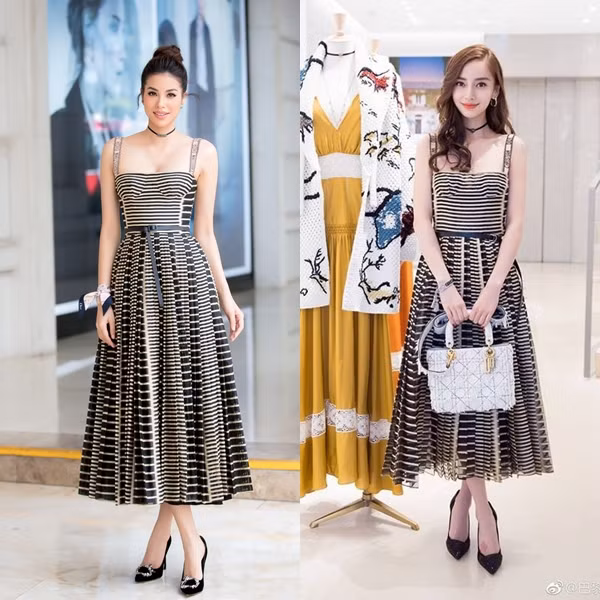 Hoa hậu Hoàn vũ Việt Nam Phạm Hương tươi tắn, đầy đặn và rạng rỡ hơn nên có phần tỏa sáng lấn át bà xã của Huỳnh Hiểu Minh trong mẫu váy này.