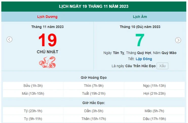 Lịch âm hôm nay - Xem lịch âm ngày 19/11/2023