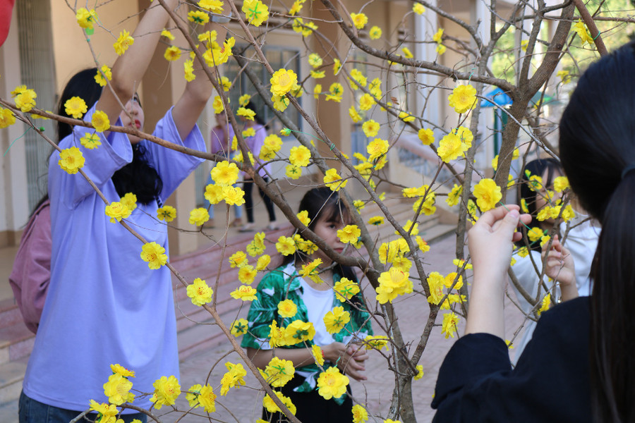Cây mai, đào được các em học sinh điểm thêm những họa tiết khiến sắc xuân tràn ngập cả sân trường.