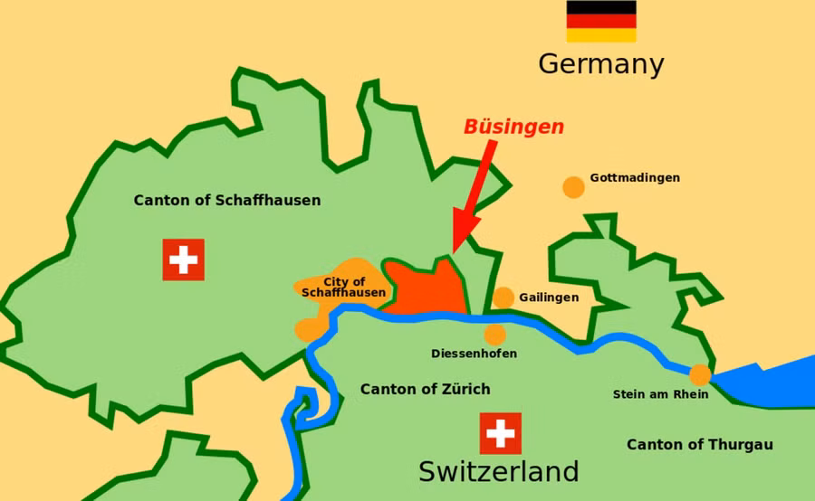 Thị trấn Büsingen nằm hoàn toàn trong lãnh thổ Thụy Sĩ.