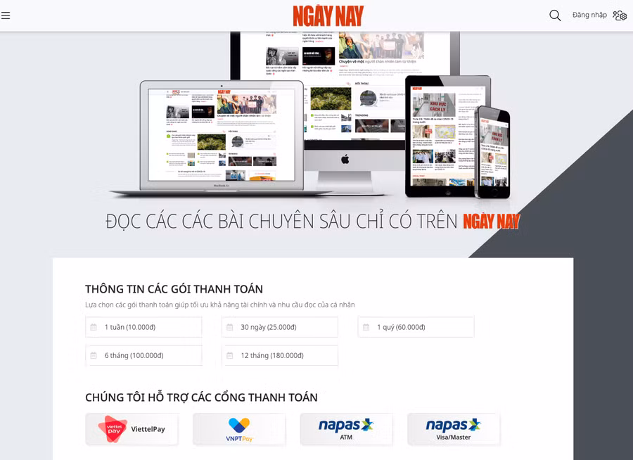 Trang Đăng ký mua gói đọc báo của Ngày Nay (https://ngaynay.vn/account/payment.html) với các cổng thanh toán đa dạng.