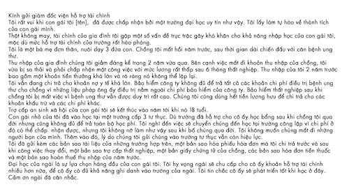 Ví dụ về một bức thư kiến nghị hoàn chỉnh được viết bởi một phụ huynh trong cuốn sách Làm sao để đề nghị hỗ trợ thêm tài chính với nhiều đại học.