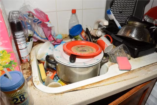 Nhà bếp chất đầy đồ chưa rửa và tủ lạnh cũng hầu như trống rỗng