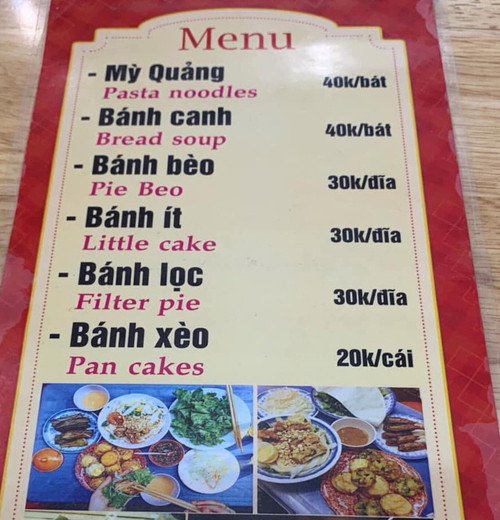 Thực đơn quán được dịch từ Việt sang Anh nhờ chị Google.
