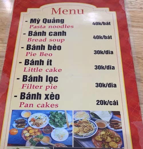 Thực đơn quán được dịch từ Việt sang Anh nhờ chị Google.