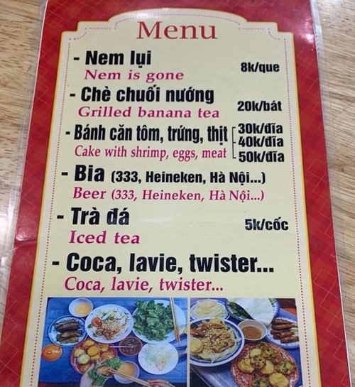 Nhiều người bật cười khi đọc tên tiếng Anh những món ăn này.