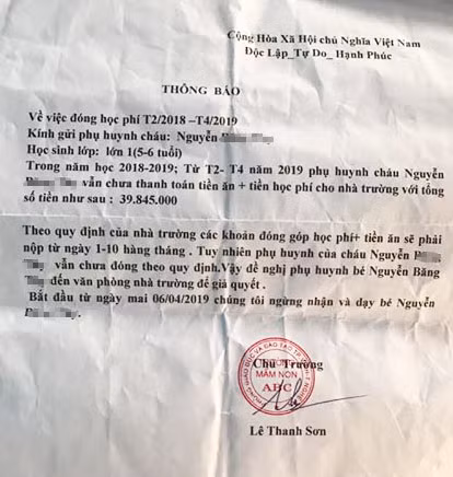 Quyết định thôi nhận dạy cháu T. từ ngày 6/4 của Trường Mầm non ABC