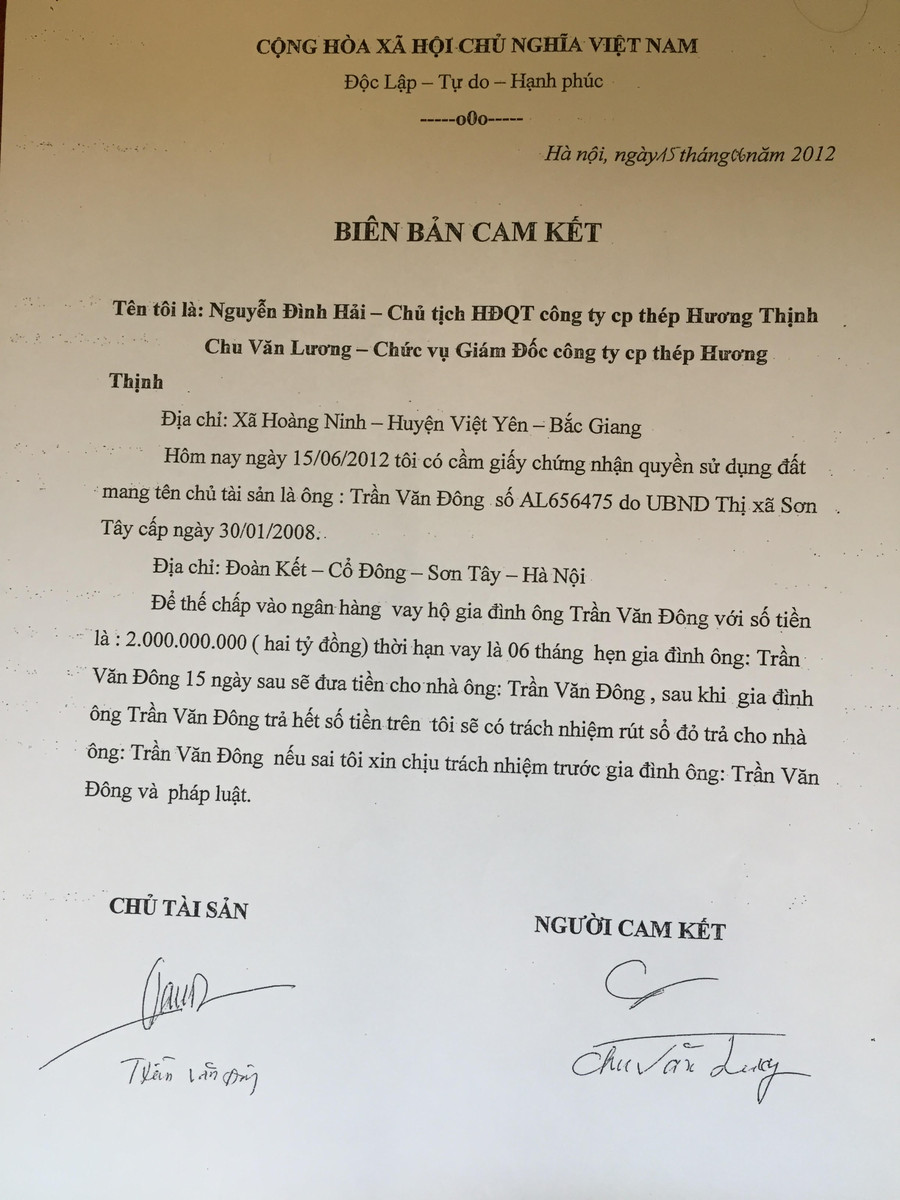 Biên bản cam kết giao tiền của ông Hải và ông Lương viết. Biên bản cam kết giao tiền của ông Hải và ông Lương viết.