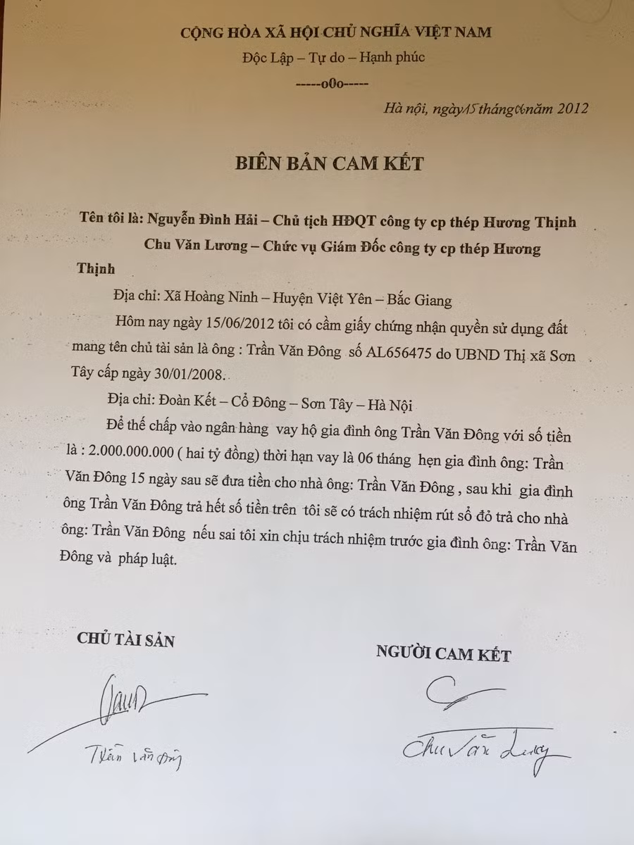 Biên bản cam kết giao tiền của ông Hải và ông Lương viết.