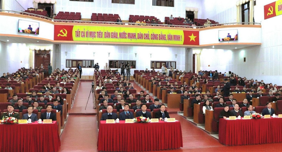 Các đại biểu tham dự Hội nghị tại điểm cầu tỉnh Lai Châu.