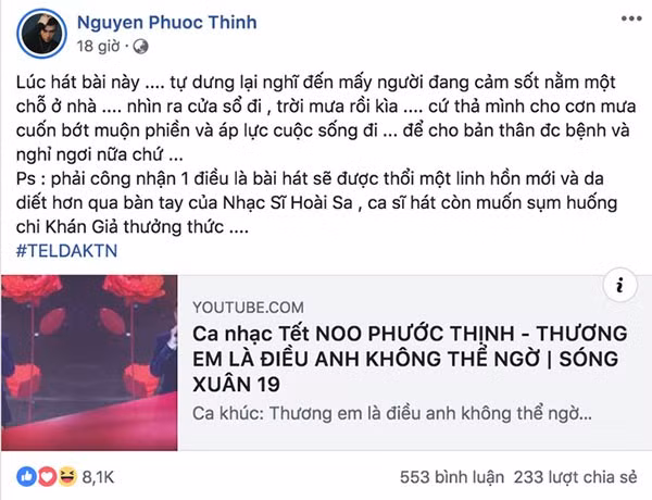 Noo Phước Thịnh bất ngờ đăng tải dòng trạng thái rất liên quan. 